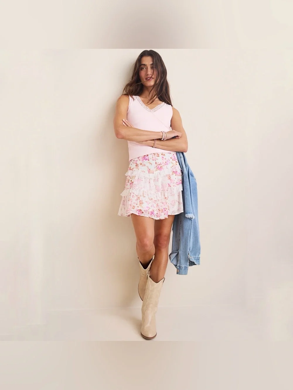 Francesca’s Elizabeth Pink & White Floral Tiered Mini Skirt with Lace NWT